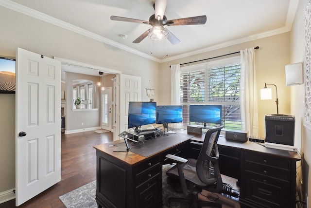 1300 Millers Creek Dr, Prosper, TX 75078 - home office with a ceiling fan, ornamental molding, dark wood-style floors, arched walkways, and baseboards