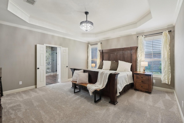 1300 Millers Creek Dr, Prosper, TX 75078 - bedroom with a tray ceiling, multiple windows, ornamental molding, carpet floors, and baseboards