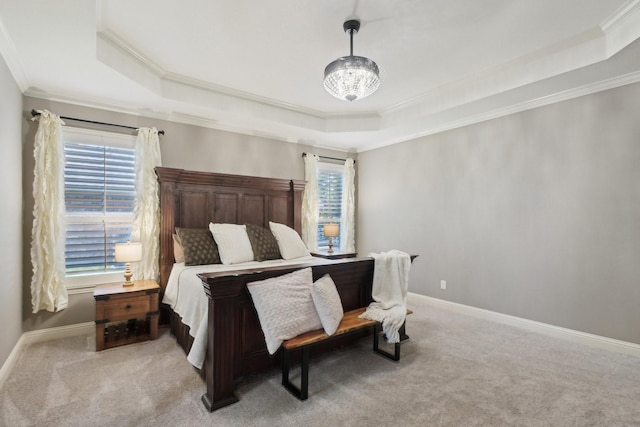 1300 Millers Creek Dr, Prosper, TX 75078 - bedroom featuring a tray ceiling, ornamental molding, carpet floors, baseboards, and a chandelier