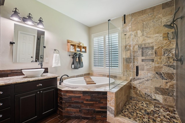1300 Millers Creek Dr, Prosper, TX 75078 - full bathroom with a garden tub, a shower stall, vanity, and wood finished floors