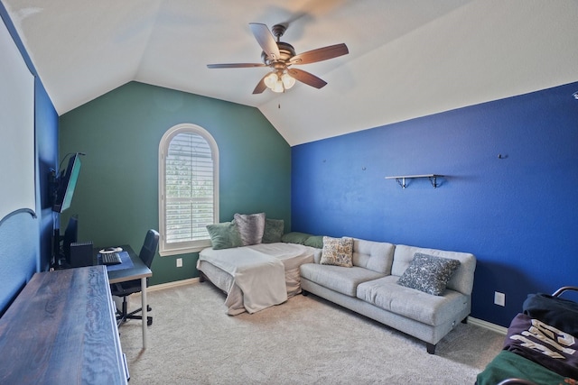 1300 Millers Creek Dr, Prosper, TX 75078 - home office featuring ceiling fan, carpet floors, lofted ceiling, and baseboards