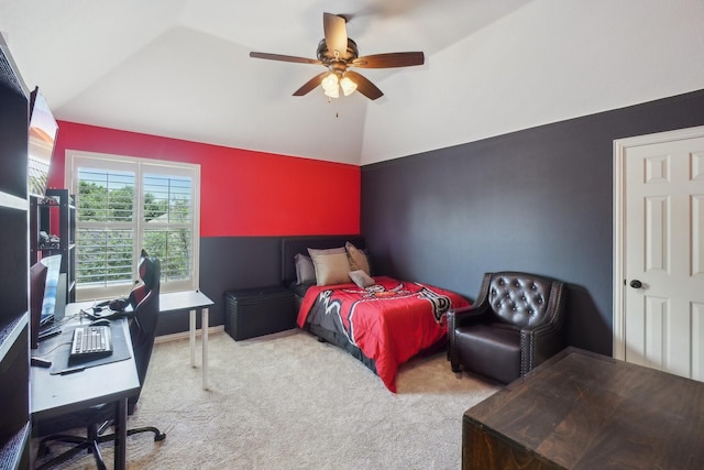 1300 Millers Creek Dr, Prosper, TX 75078 - carpeted bedroom with vaulted ceiling, an office area, and ceiling fan