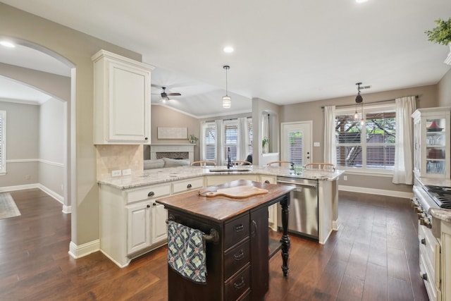1300 Millers Creek Dr, Prosper, TX 75078 - kitchen with dishwasher, a ceiling fan, a fireplace, baseboards, and recessed lighting