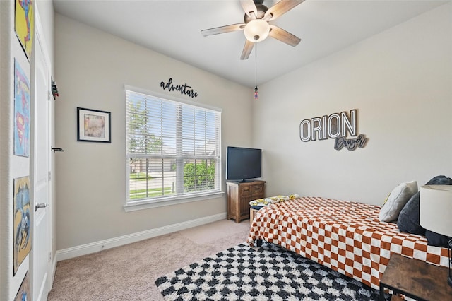 528 England St, Fate, TX 75189 - bedroom featuring light colored carpet, baseboards, and ceiling fan