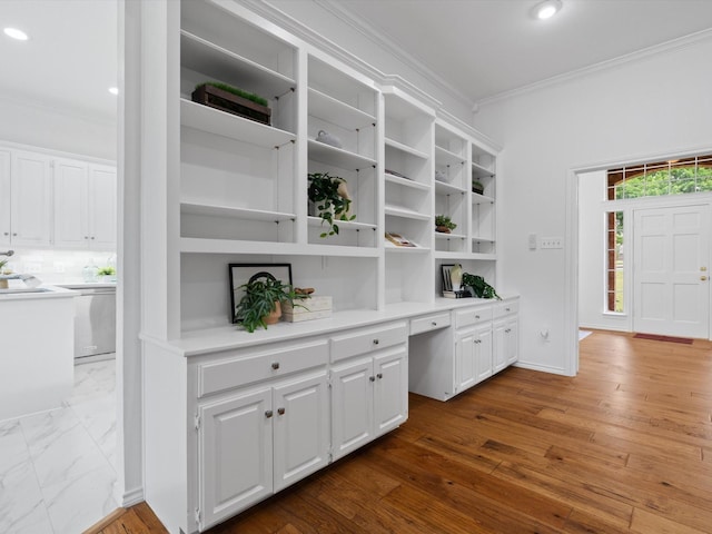 14130 Red Wood Cir S, Frisco, TX 75071 - interior space featuring crown molding, open shelves, white cabinetry, dishwasher, and light countertops