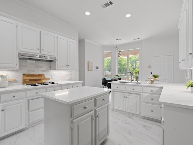 14130 Red Wood Cir S, Frisco, TX 75071 - kitchen featuring a sink, under cabinet range hood, light marble finish flooring, a peninsula, and ornamental molding