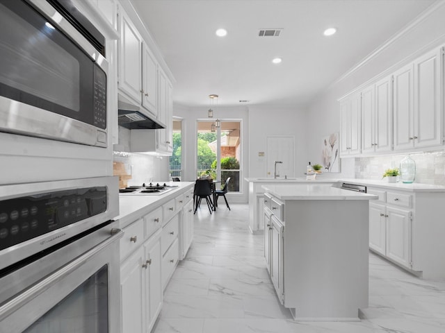 14130 Red Wood Cir S, Frisco, TX 75071 - kitchen with stainless steel appliances, recessed lighting, light marble finish flooring, tasteful backsplash, and white cabinets