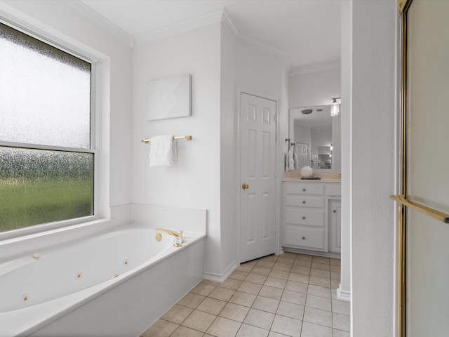 14130 Red Wood Cir S, Frisco, TX 75071 - full bathroom featuring tile patterned flooring, a jetted tub, ornamental molding, vanity, and baseboards