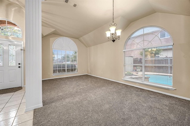 11 Enchanted Ct, Mansfield, TX 76063 - entryway with lofted ceiling, a chandelier, light colored carpet, baseboards, and light tile patterned floors