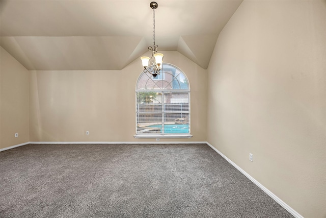 11 Enchanted Ct, Mansfield, TX 76063 - spare room with carpet flooring, lofted ceiling, a chandelier, and baseboards