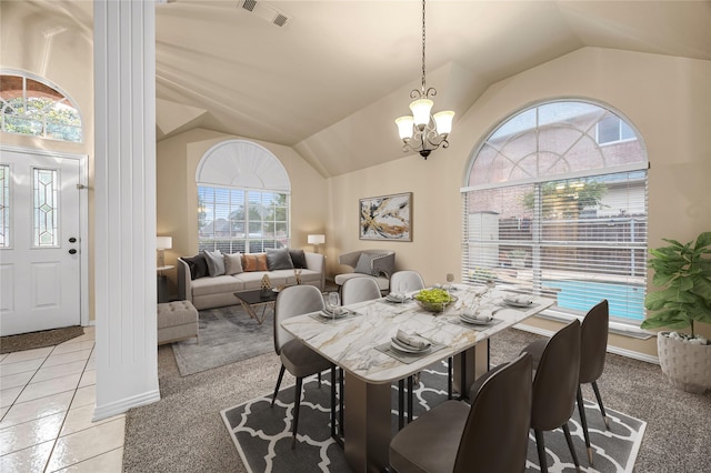 11 Enchanted Ct, Mansfield, TX 76063 - dining space featuring lofted ceiling, a chandelier, and light tile patterned floors