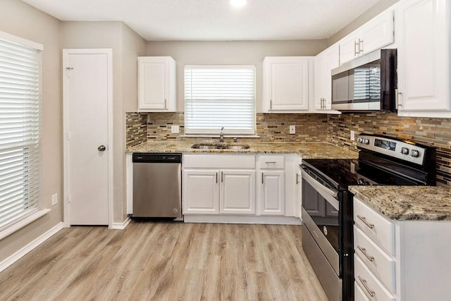 114 Juniper Dr, Arlington, TX 76018 - kitchen featuring stainless steel appliances, a sink, light wood finished floors, decorative backsplash, and white cabinetry