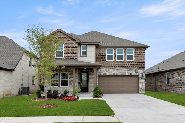 713 Roanoke, Princeton, TX 75407 - view of front of house featuring stone siding, an attached garage, concrete driveway, a front lawn, and a shingled roof