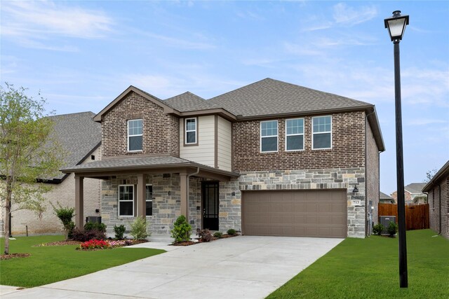 713 Roanoke, Princeton, TX 75407 - view of front of property with stone siding, concrete driveway, an attached garage, covered porch, and a shingled roof