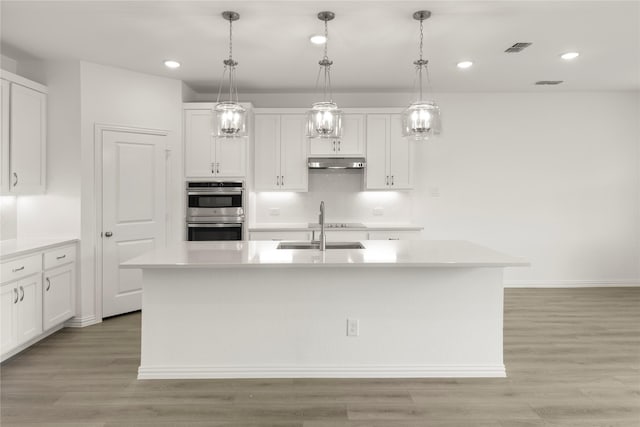 713 Roanoke, Princeton, TX 75407 - kitchen featuring double oven, white cabinetry, light countertops, under cabinet range hood, and backsplash