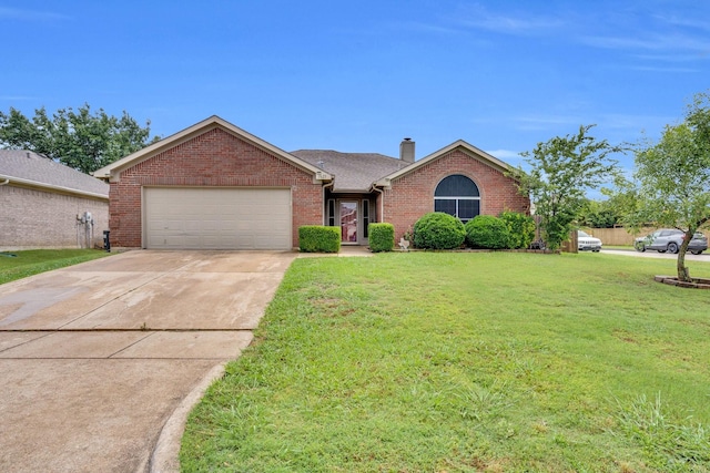 1623 Bertram Dr, Mansfield, TX 76063 - ranch-style home with brick siding, a front yard, a garage, driveway, and a chimney