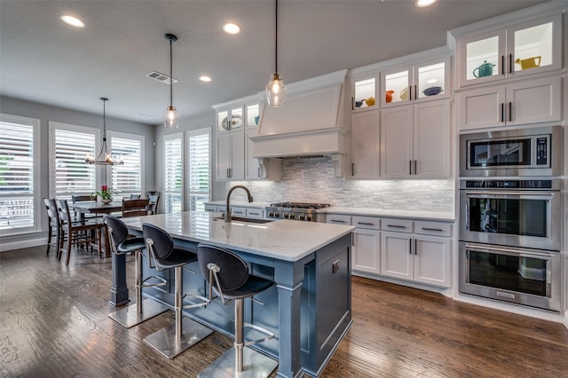 15186 Crape Myrtle Rd, Frisco, TX 75035 - kitchen featuring a sink, stainless steel appliances, recessed lighting, an island with sink, and dark wood-style floors