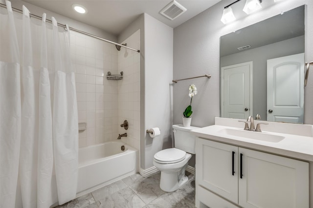 15186 Crape Myrtle Rd, Frisco, TX 75035 - bathroom featuring toilet, vanity, shower / bath combo with shower curtain, and marble look tiles