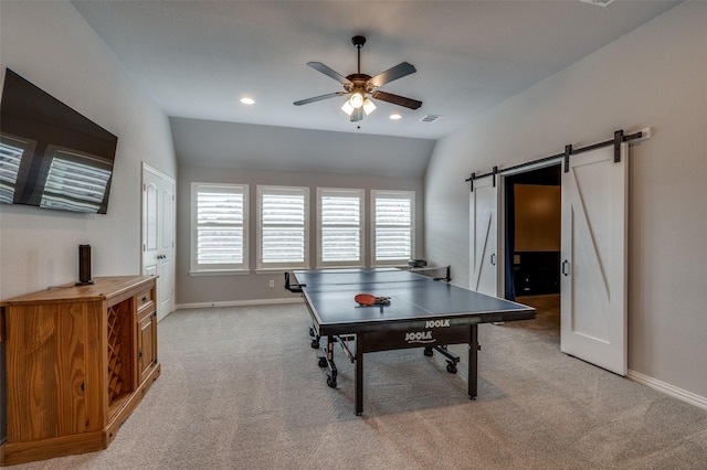 15186 Crape Myrtle Rd, Frisco, TX 75035 - rec room with a barn door, ceiling fan, light colored carpet, baseboards, and vaulted ceiling