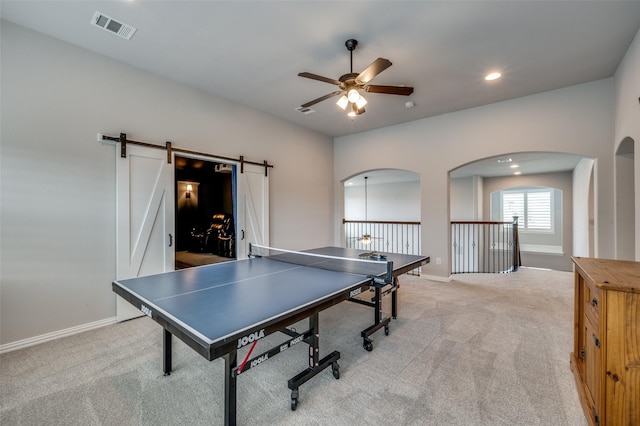 15186 Crape Myrtle Rd, Frisco, TX 75035 - game room featuring ceiling fan, light carpet, a barn door, baseboards, and recessed lighting