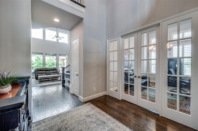 15186 Crape Myrtle Rd, Frisco, TX 75035 - doorway to outside with a high ceiling, french doors, wood finished floors, ceiling fan, and baseboards