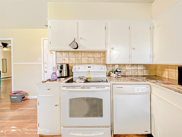 3816 State St, Abilene, TX 79603 - kitchen featuring white appliances, white cabinets, backsplash, and light countertops