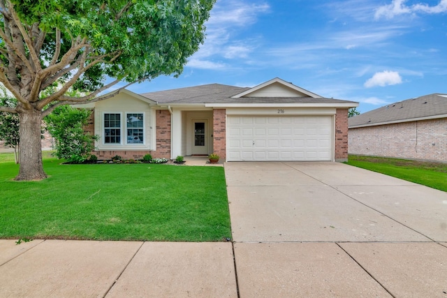 216 Hilltop Dr, Justin, TX 76247 - ranch-style home featuring brick siding, an attached garage, a front yard, and concrete driveway