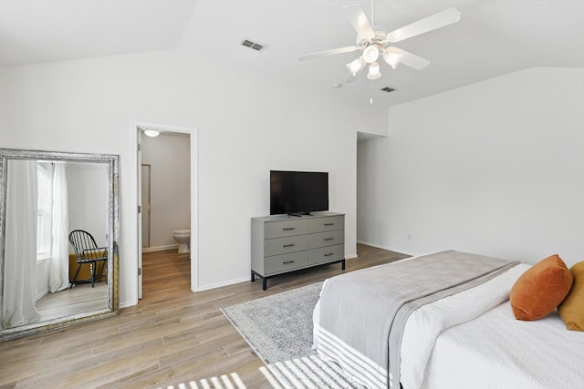 216 Hilltop Dr, Justin, TX 76247 - bedroom with lofted ceiling, light wood finished floors, and a ceiling fan