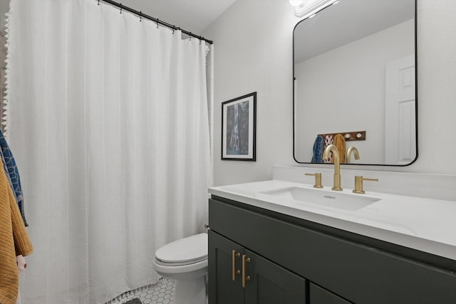 216 Hilltop Dr, Justin, TX 76247 - bathroom with vanity, toilet, tile patterned flooring, and a shower with shower curtain