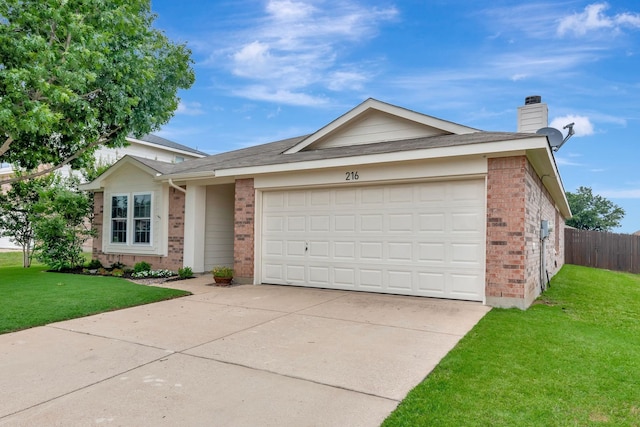 216 Hilltop Dr, Justin, TX 76247 - ranch-style house featuring brick siding, a chimney, driveway, a garage, and a shingled roof