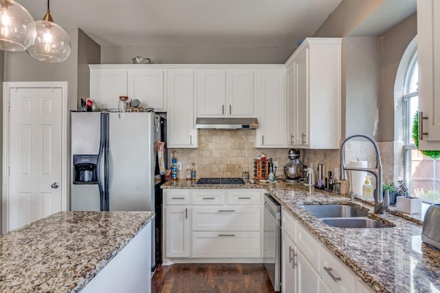 8320 Monica Cir, Plano, TX 75025 - kitchen featuring a sink, under cabinet range hood, stainless steel appliances, and white cabinetry