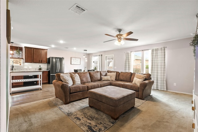 9104 Lookout Pt, Fort Worth, TX 76179 - living area featuring ceiling fan, light colored carpet, recessed lighting, and baseboards