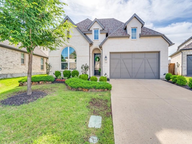 2724 Eccleston St, Celina, TX 75009 - french country style house featuring a front lawn, a garage, driveway, and brick siding