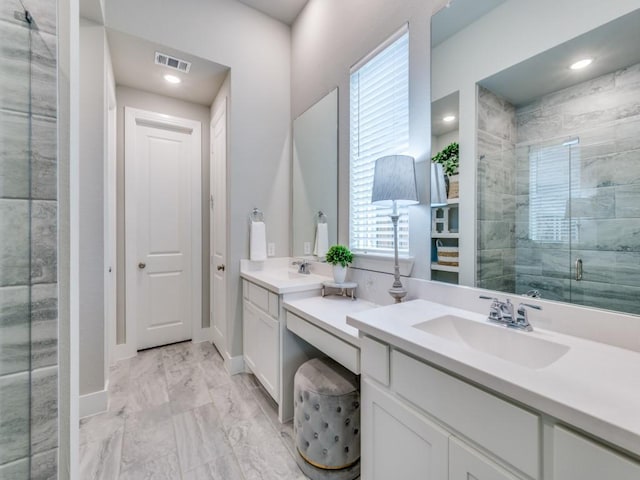 2724 Eccleston St, Celina, TX 75009 - full bath with vanity, a shower stall, marble look tile flooring, baseboards, and recessed lighting