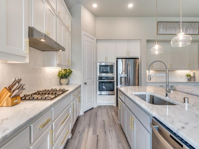 2724 Eccleston St, Celina, TX 75009 - kitchen featuring stainless steel appliances, a sink, under cabinet range hood, white cabinets, and recessed lighting