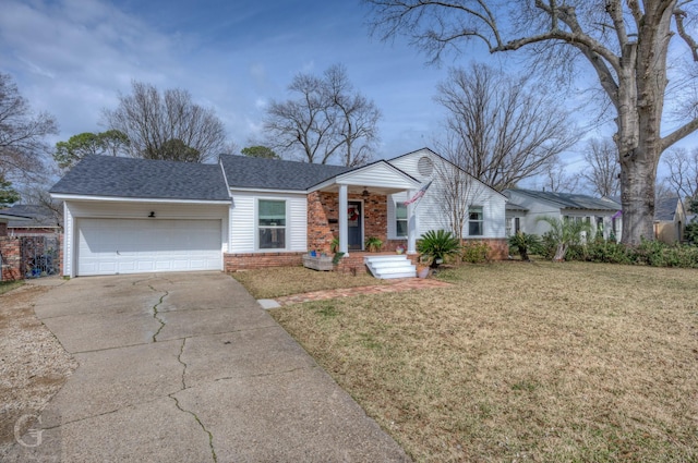 444 Albert Ave, Shreveport, LA 71105 - ranch-style house with brick siding, concrete driveway, a garage, a front lawn, and a porch