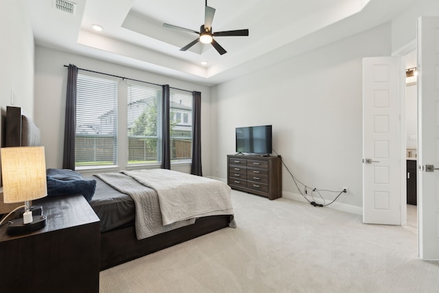 12469 Diamond Creek Dr, Frisco, TX 75035 - bedroom with carpet, a tray ceiling, recessed lighting, baseboards, and ceiling fan
