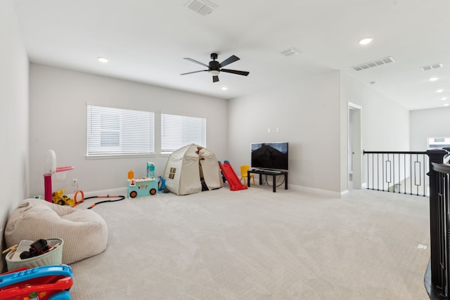 12469 Diamond Creek Dr, Frisco, TX 75035 - playroom featuring ceiling fan, baseboards, recessed lighting, and carpet floors