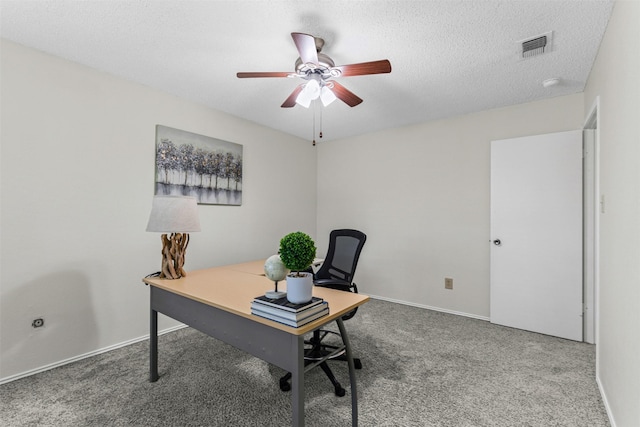 4910 Crest Dr, Arlington, TX 76017 - carpeted office with ceiling fan, baseboards, and a textured ceiling