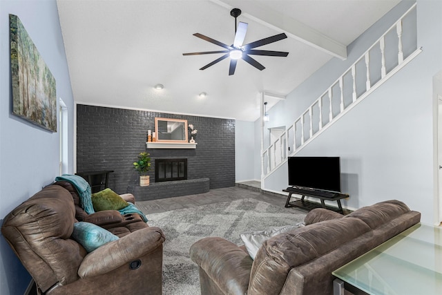 4910 Crest Dr, Arlington, TX 76017 - living area featuring stairs, ceiling fan, beamed ceiling, a fireplace, and high vaulted ceiling