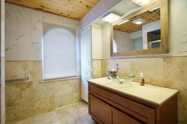 6853 Anglebluff Cir, Dallas, TX 75248 - bathroom with tile walls, wooden ceiling, and vanity