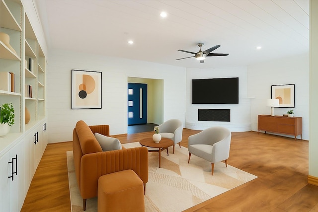 6853 Anglebluff Cir, Dallas, TX 75248 - living area with light wood-style floors, ceiling fan, and recessed lighting