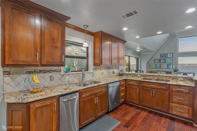 5607 S Lakeshore Dr, Shreveport, LA 71119 - kitchen featuring a sink, stainless steel dishwasher, dark wood finished floors, light stone countertops, and decorative backsplash