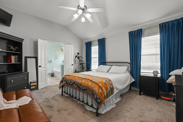 1521 Cherokee Rose Trl, Savannah, TX 76227 - carpeted bedroom with vaulted ceiling, a ceiling fan, and ensuite bath