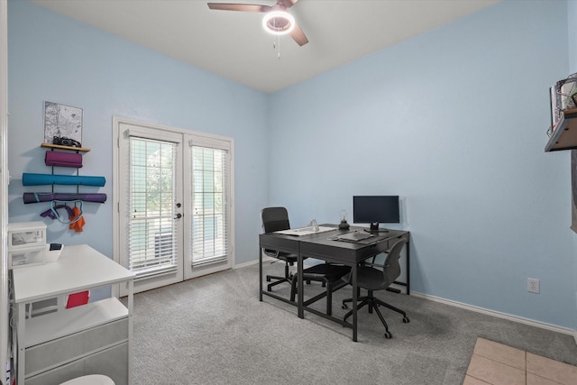 1521 Cherokee Rose Trl, Savannah, TX 76227 - office space featuring carpet, ceiling fan, french doors, and baseboards