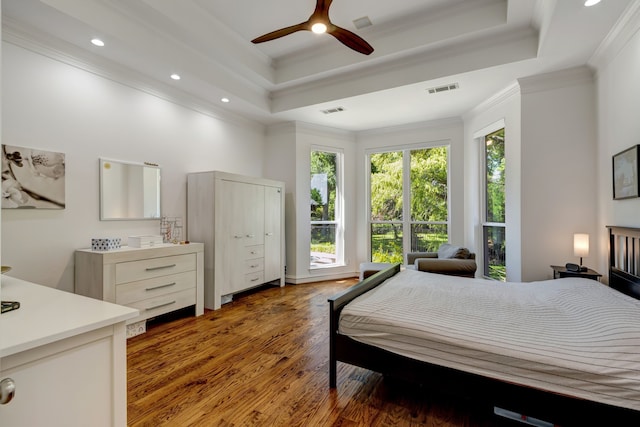 405 Martel Ln, Coppell, TX 75019 - bedroom featuring a raised ceiling, wood finished floors, crown molding, recessed lighting, and ceiling fan