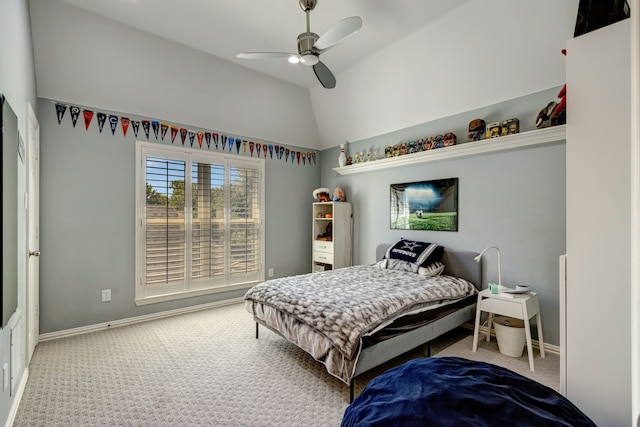 405 Martel Ln, Coppell, TX 75019 - bedroom with carpet flooring, vaulted ceiling, a ceiling fan, and baseboards