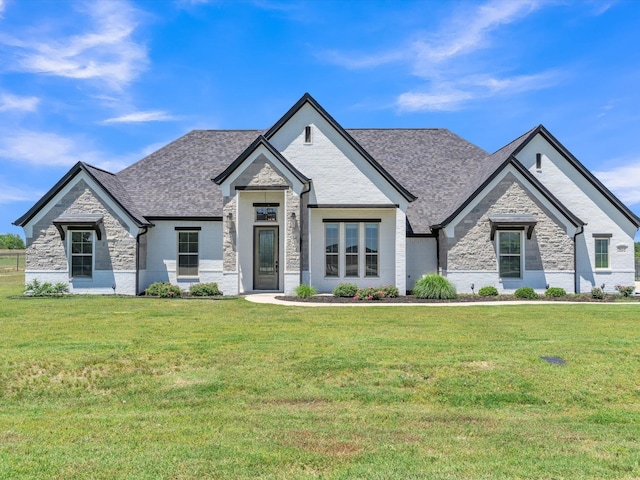 3025 Infinity Dr, Weatherford, TX 76087 - french country inspired facade with stone siding, a front lawn, and a shingled roof