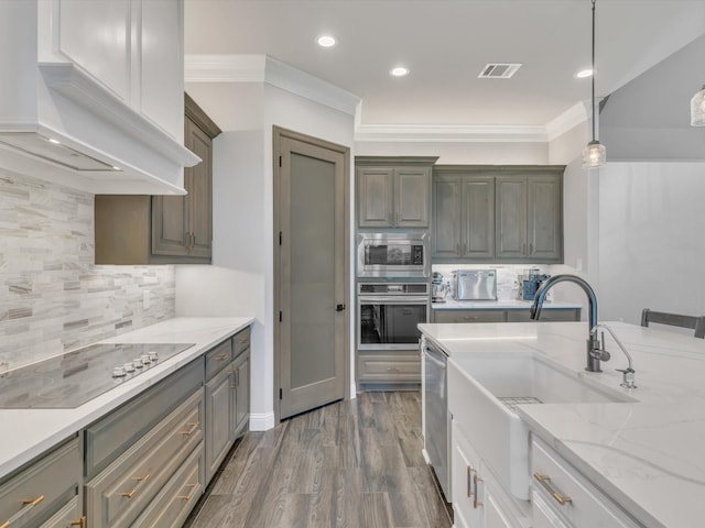 3025 Infinity Dr, Weatherford, TX 76087 - kitchen featuring appliances with stainless steel finishes, premium range hood, a sink, decorative backsplash, and ornamental molding