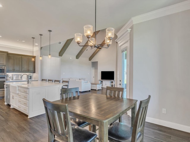 3025 Infinity Dr, Weatherford, TX 76087 - dining room with a chandelier, dark wood finished floors, baseboards, crown molding, and recessed lighting